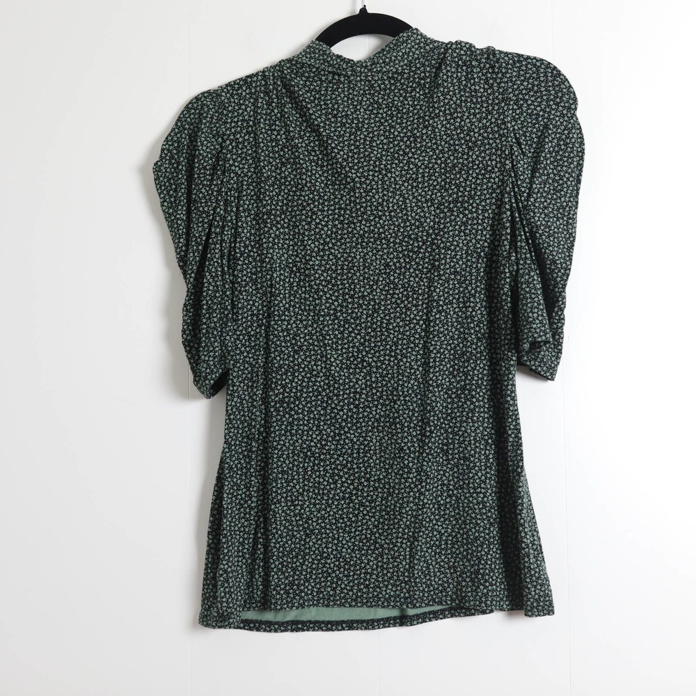 Anthropologie Postmark Retro Green Black Stretchy Floral Neck Tie Blouse - Picture 6 of 6